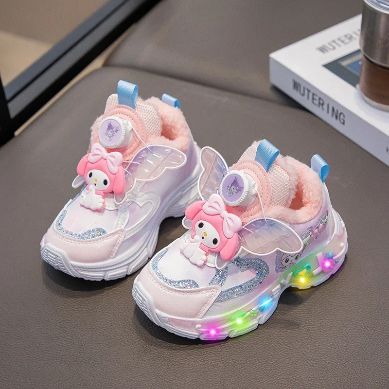 Winter Warm Sanrio Cute My Melody Kuromi Casual Shoes for Girl Children Led Light Sneakers Kids Toddler Walking  Anti-slip Shoes