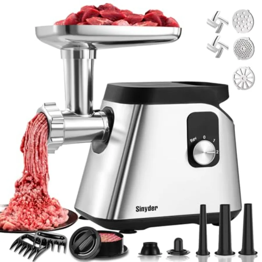 Picadora de carne eléctrica para uso doméstico con cuchillas y placas de acero inoxidable, color rojo, potencia máxima de 2800W, incluye tubos para salchichas y accesorios para alimentos.