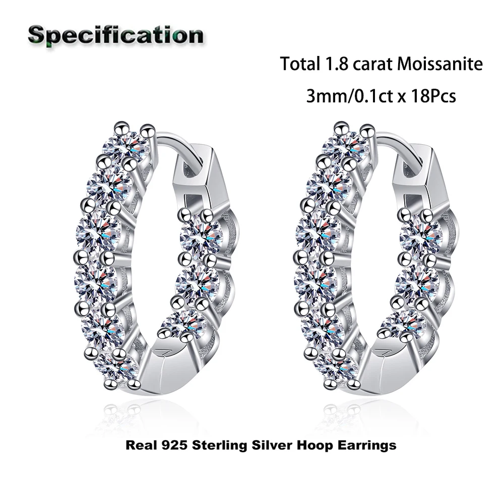 1.8CT D Color Moissanite Diamond Hoop Earrings S925 Sterling Silve Plated 18k Gold Huggie Earring for Women Fine Jewelry Gifts