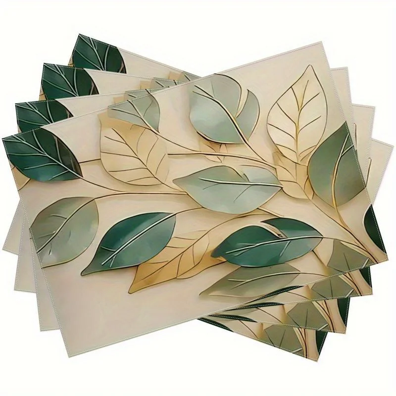 Metallic Gold Green Leaf Art Print Rectangular Placemats  Set Modern Nature Themed Dining Table Decor  Restaurant Mats
