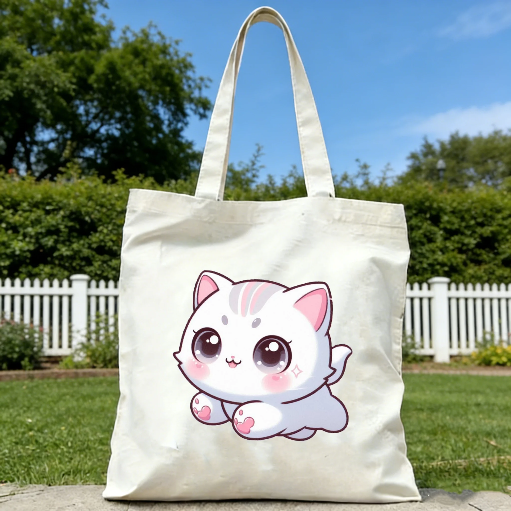 

1pc Kawaii Cute Cat Print Canvas Tote Bag Casual Shoulder Handbag Reusable Eco Daily Shopping Storage Bag