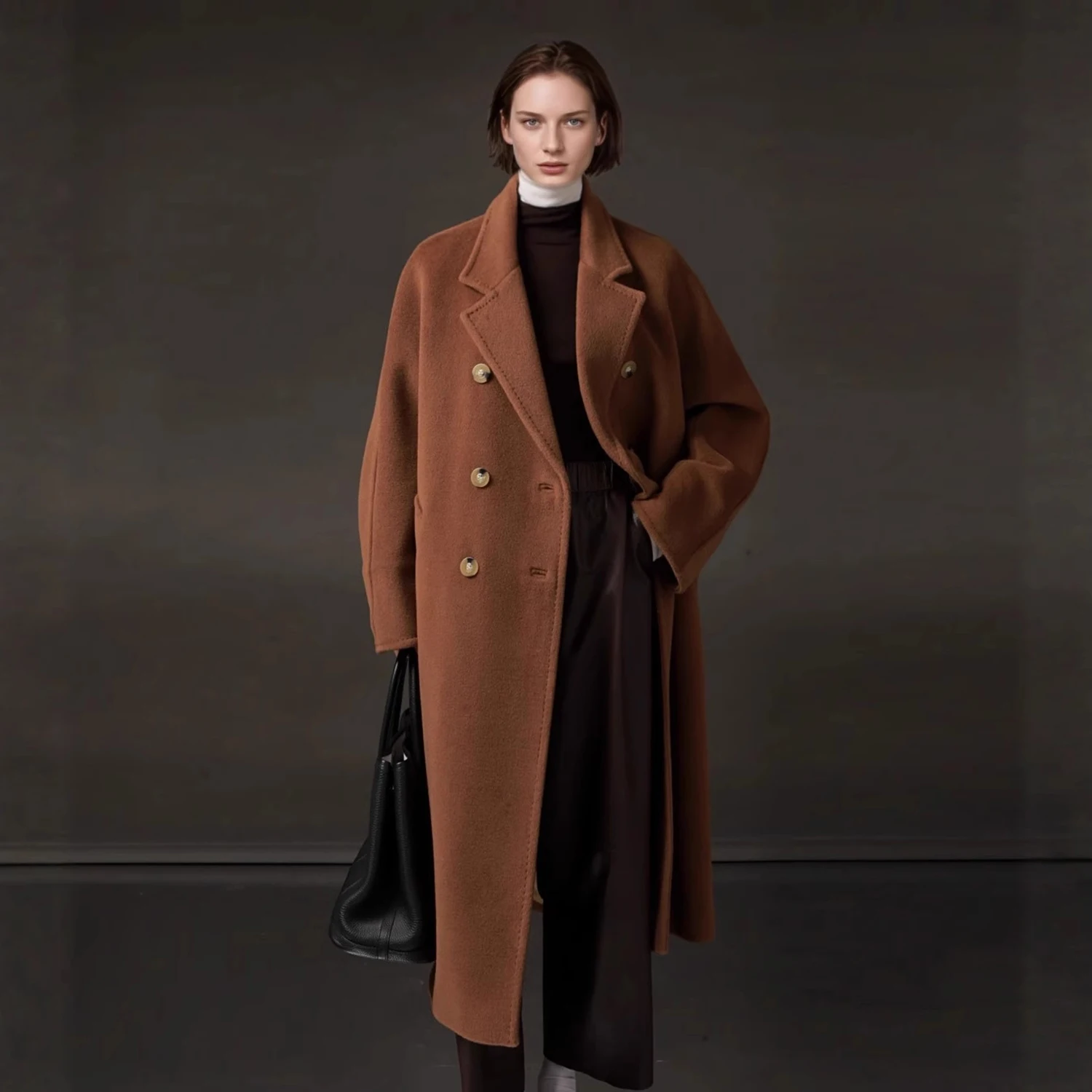 Allingentle Women's Long Blazer Woolen Fashion Double-Breasted Jacket V-Neck Blazer for Cocktail Party Daily Outfits Customize