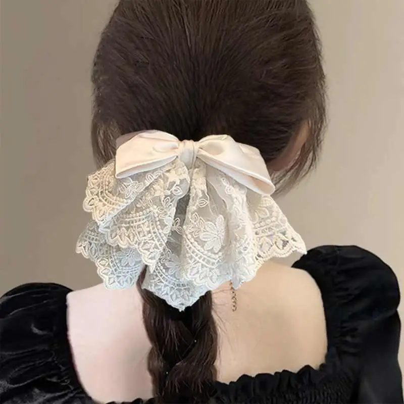 French Elegant Ballet Style Lace Satin Bow Ponytail Hair Clip, Gentle And Sweet Shark Clip Hair Ornament On The Back Of Head