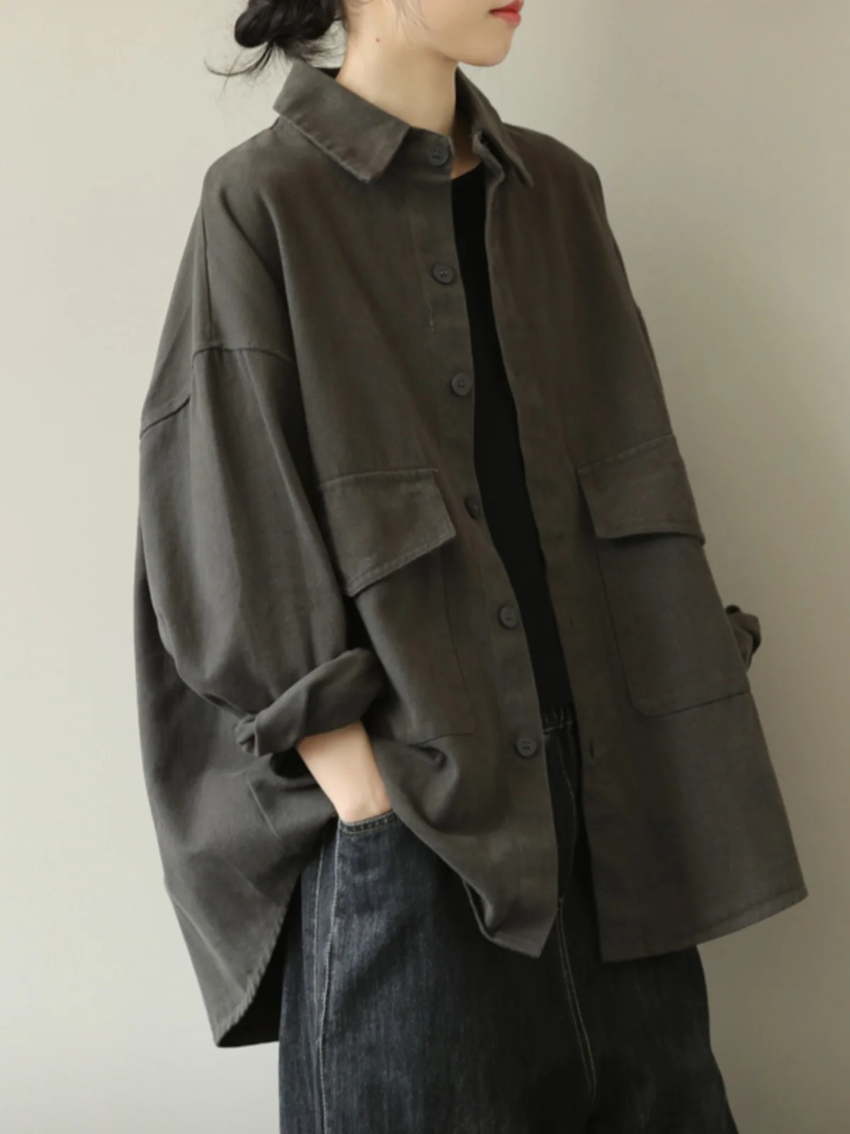 

Korean Sle Retro Large ket Women's irt Jaet Autumn 2024 New ular Workwear Top Loose Fit Long Sve Collar