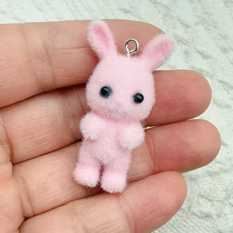 20pcs 3D Flocking Resin Cute Colorful Rabbit Cartoon Animal Charms For Keychain Necklace Earrings Making DIY Jewelry Accessories