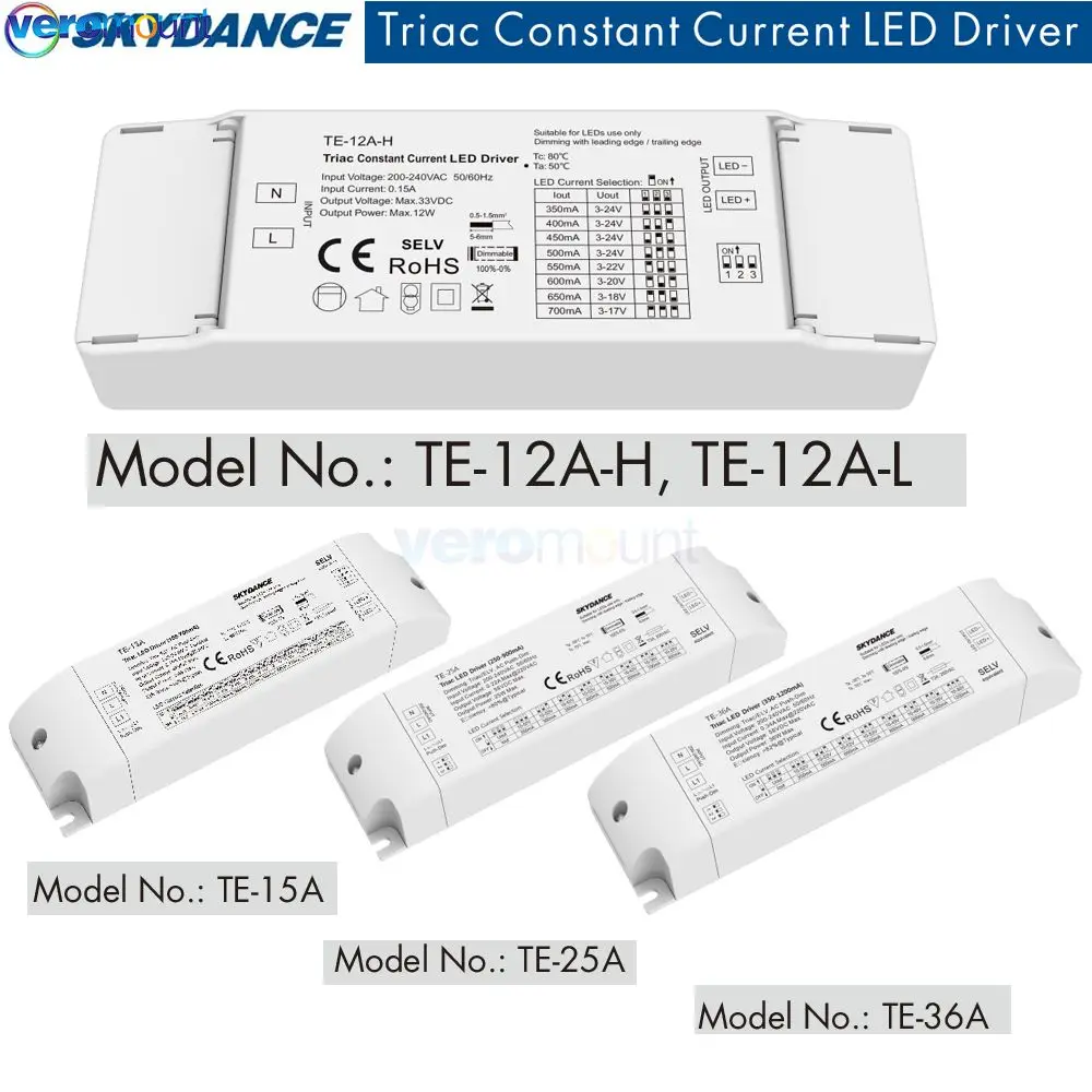 LED Triac Dimming Driver TE-15A/25A/36A 220V input Output 12 15 25 36W 150-1200mA Constant Current Triac Dimmable LED Driver