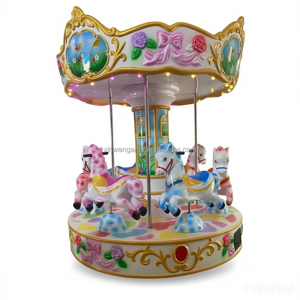 Indoor Coin Operated Carousel Ride For Kids Amusement Arcade Machine Fiberglass 2-6 Players English