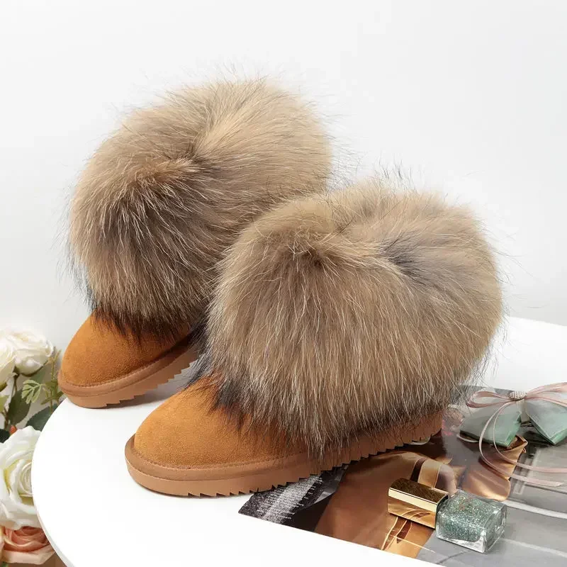 Winter Fox Fur Snow Boots Women\'s Genuine Leather Short Boots Flat Thickened Warm Raccoon Fur Cotton Shoes