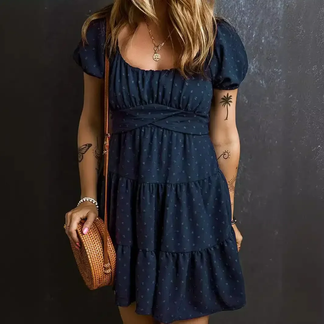 Fashion Spring  New Lace-up Waist Short-sleeved Dress Is A Cross-border Fashion Jacquard and Knee-length Women Skirt