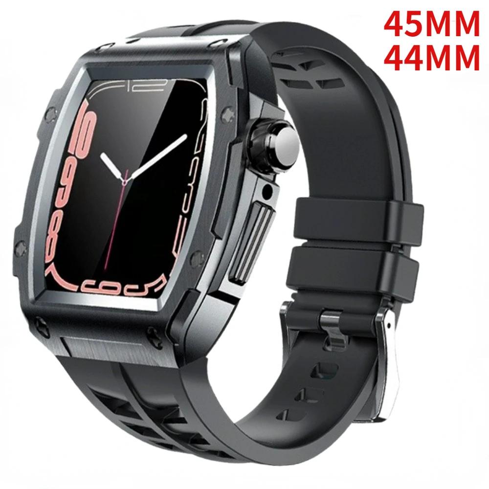 

Modification Kit Band+Case For Apple Watch 8 7 45mm Metal Stainless Steel Rubber Strap for iWatch Band Series 6 SE 5 4 44mm Case