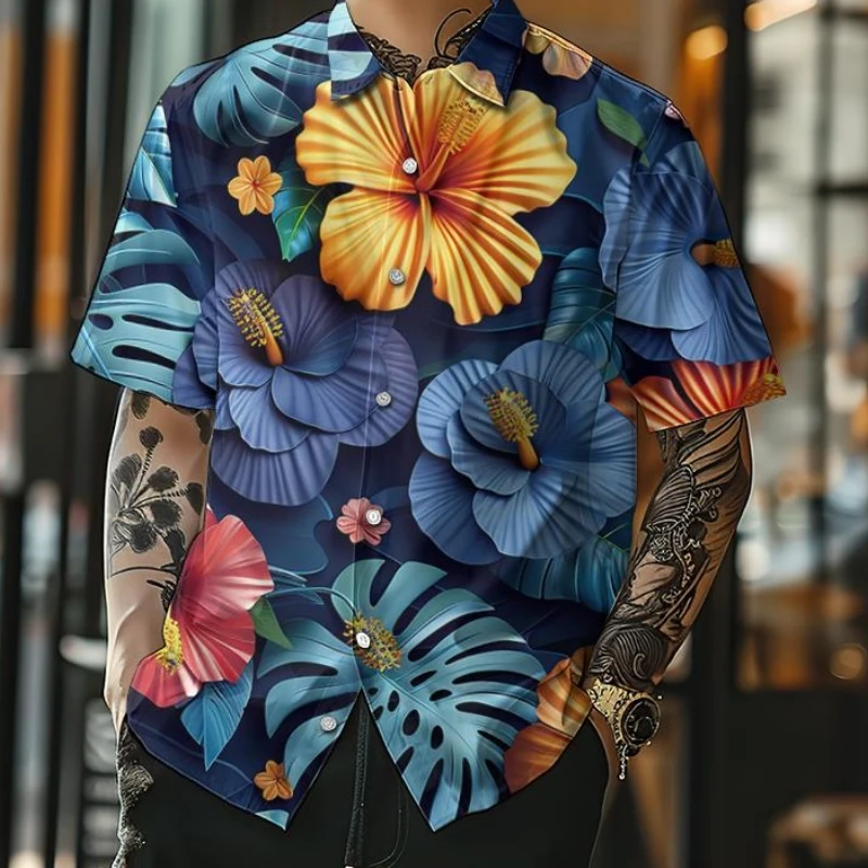 New Men\'s Shirt 3d Beach Flower Print Hawaiian Shirts For Men Summer Casual Short Sleeve Shirt Loose Oversized Male Clothing Top