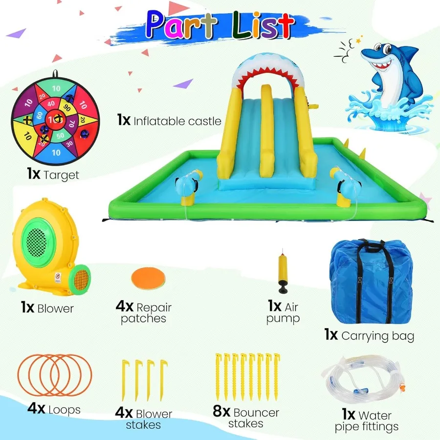 Opblaasbaar waterbouncehuis voor 3-12 jaar Shark Attack Fun Zone 8in1 speelset met dubbele waterglijbanen Ballenbak en games Ultima