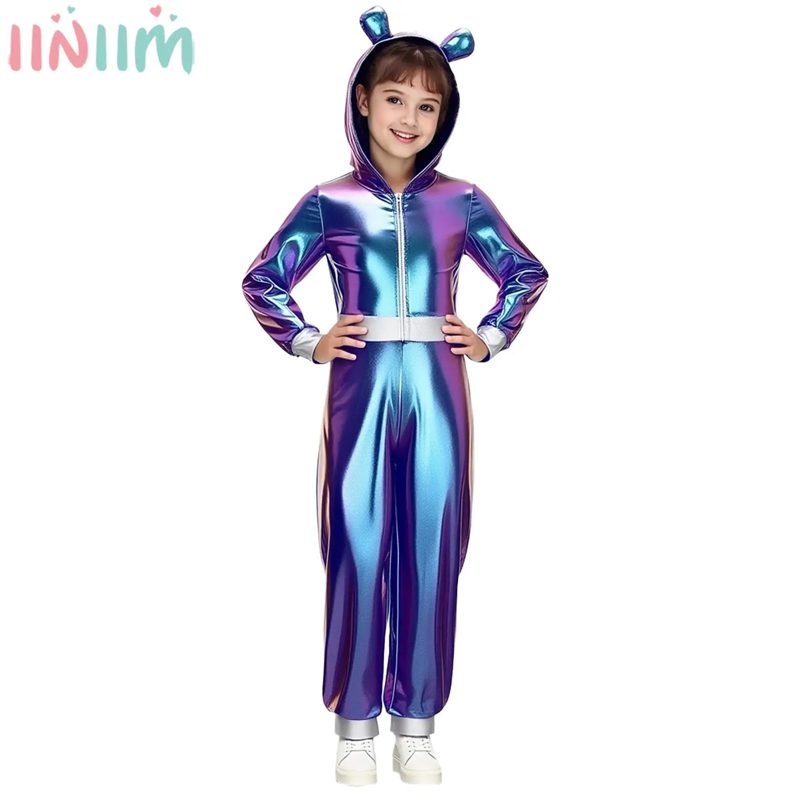 

Детский карнавальный костюм на тему Хэллоуина, чужой робот-космонавт, карнавальный костюм с длинными рукавами, металлический блестящий космический милый комбинезон с капюшоном