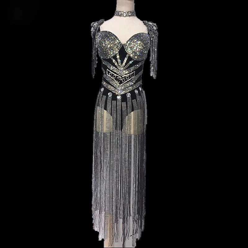

Sexy Fashion Gray Silver Rhinestones Jumpsuit long Sleeves Stretch Bodysuit Stage Performance Party Celebrate Nightlcub outfit