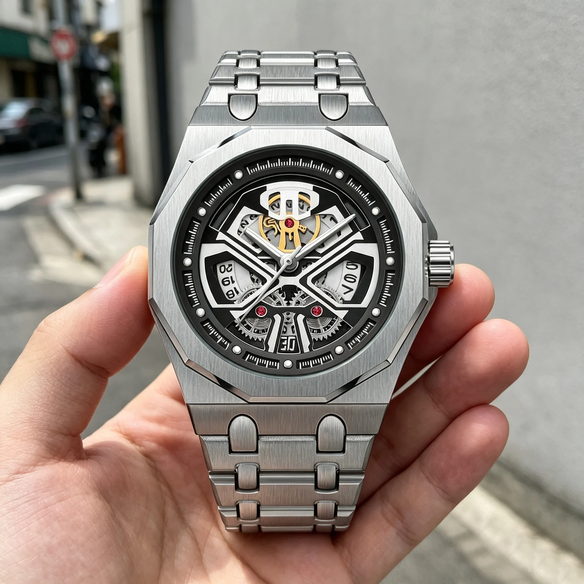 Montre à quartz pour homme, fabriquée avec un mouvement à quartz, boîtier Black Warrior à 12 facettes avec un cadran ajouré et bracelet en acier inoxydable