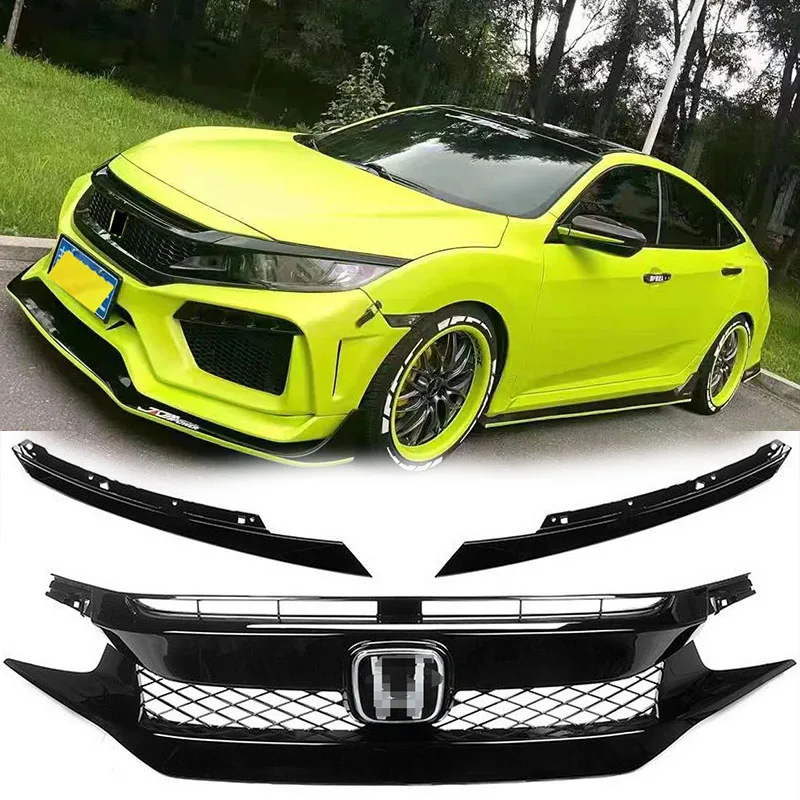 Mesh Honeycomb Grilles For 10th Generation Honda Civic 2016-2021 Front Bumper Gloss Black Mesh Grille Version Car Accessories