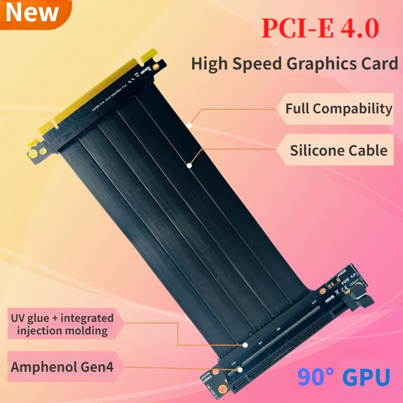 

PCIE 4.0 X16 Riser Cable Video Card Extension Shielded Flexible 90° Vertical Mount GPU Holder PCI Express Lossless Silicone Cord