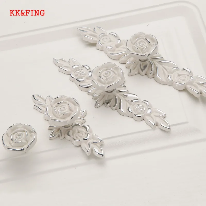 KK&FING European Lvory White Rose Flower Kitchen Cabinet Handles Wardrobe Cupboard Door Pulls Drawer Knobs Furniture Hardware