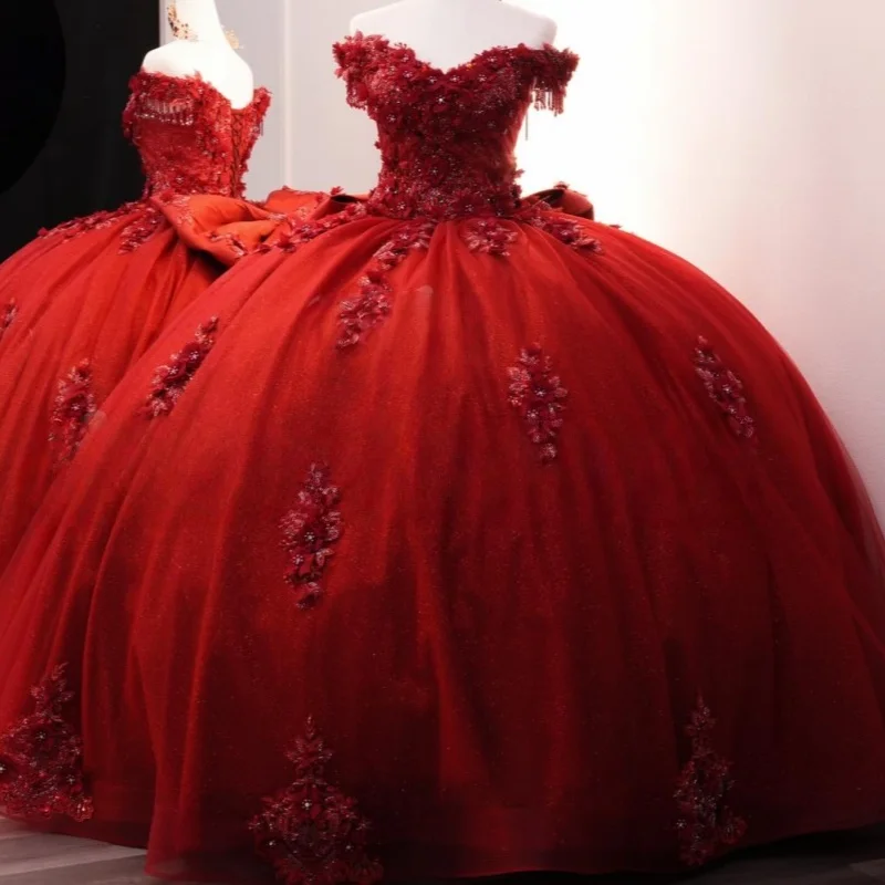 

Red Quinceanera Dresses Off the Shoulder Glitter 、3D Flower Beading Decal Long tail Bow Vestidoe 15 Quinceanera Customize