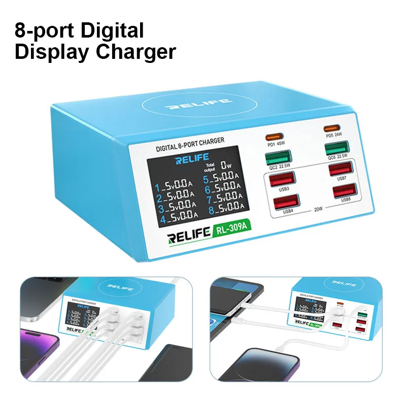 RELIFE RL-309A 8-port Digital Display Charger Fast Charging Supports PD 3.0 and QC 3.0 Multiple Protection High-power Charger