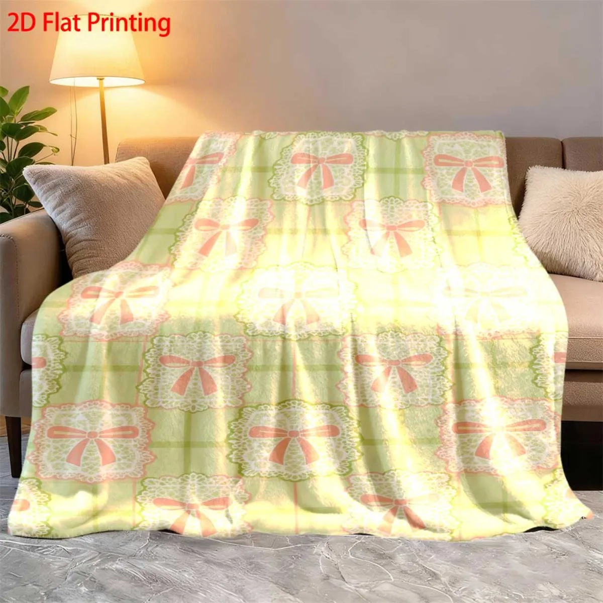 Sweet and Girlish Style Butterfly Knot Printed Flannel Blanket for Office Nap, Portable Blanket, Gift for Family and Friends
