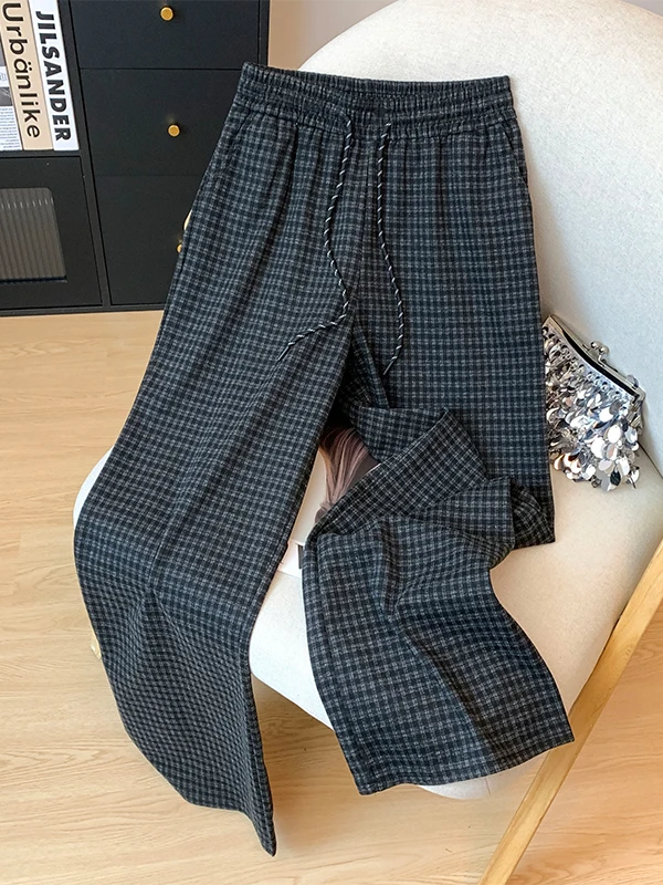 High Waist Wide Leg Plaid Pants Loose Fit Casual Floor Length Straight Cut Trousers for plus Size Women Summer Season