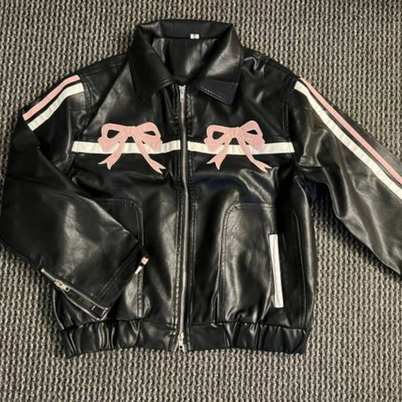 Sweet and cool girly pink bow leather jacket with sexy design, high-end lapel zipper jacket, Harajuku retro oversized jacket