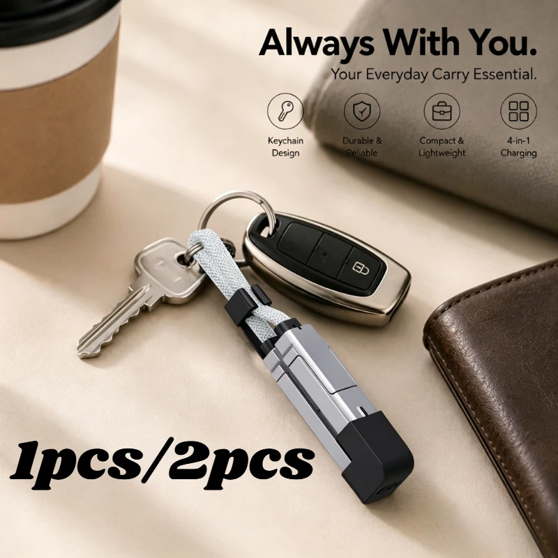 Portable 4-in-1 USB C Cable  65W Fast Charging Cord LED Display Braided Keychain Wire for Type C Lightning Phone  Home Appliance