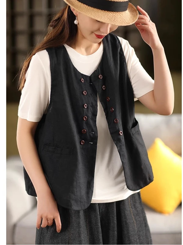 Cotone sciolto e lino da donna Svel a doppio bottone Jaet Top Capispalla Artistico Sle Vestibilità comoda rotonda Ne Summer S...