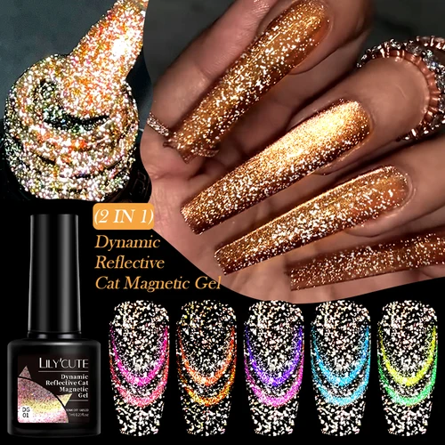 LILYCUTE 7ml Gel magnético de gato reflectante dinámico Otoño Invierno brillo brillante doble efecto de luz barniz de Gel para decoración de uñas