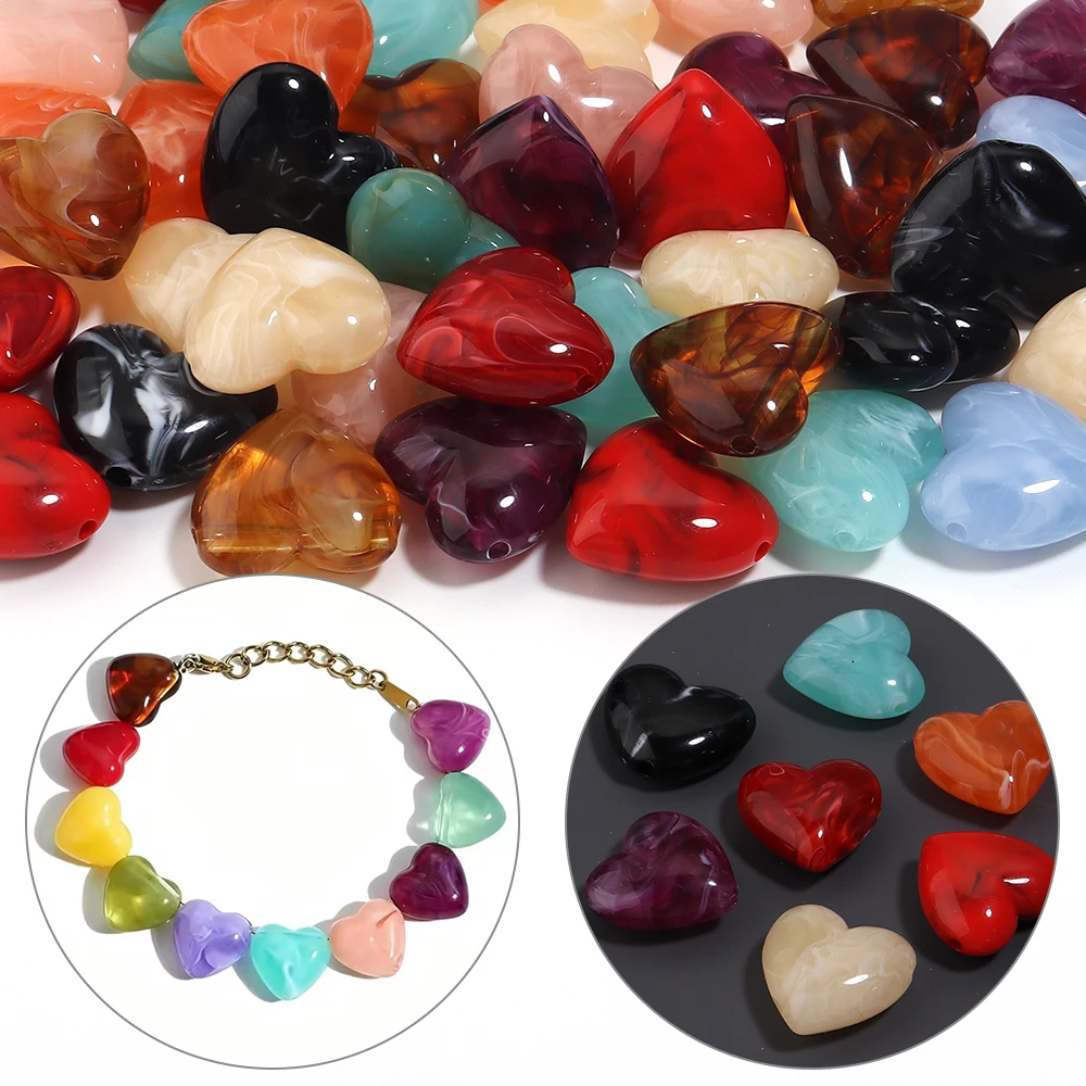 10 Stück Imitation Naturstein Liebesherz Acrylperlen mit horizontalem Loch, lose Perlen für die Schmuckherstellung, DIY-Armband-Zubehör – Detail 2