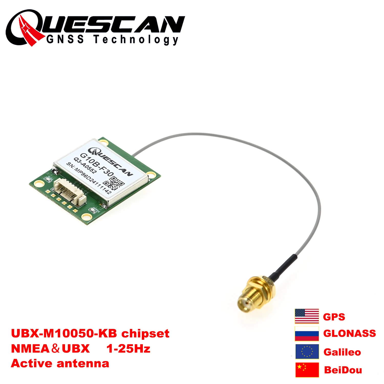 UBX-M10050-KB M10 GPS GNSS Module with Active Antenna Support GPS GLONASS Galileo Beidou Receiver,Accuracy 1.0 m CEP,1-25Hz