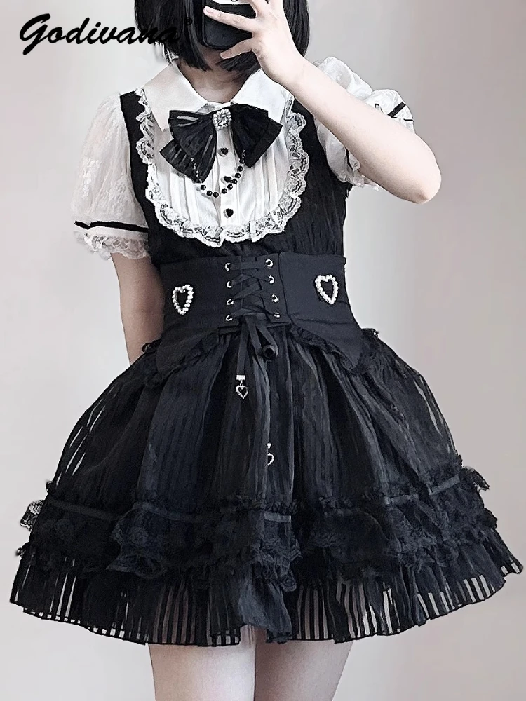 

Original Japanese Mine Mass-produced Womens Black and White Patchwork Slim Short-sleeved Dress Cute Striped Lace Bow Short Dress