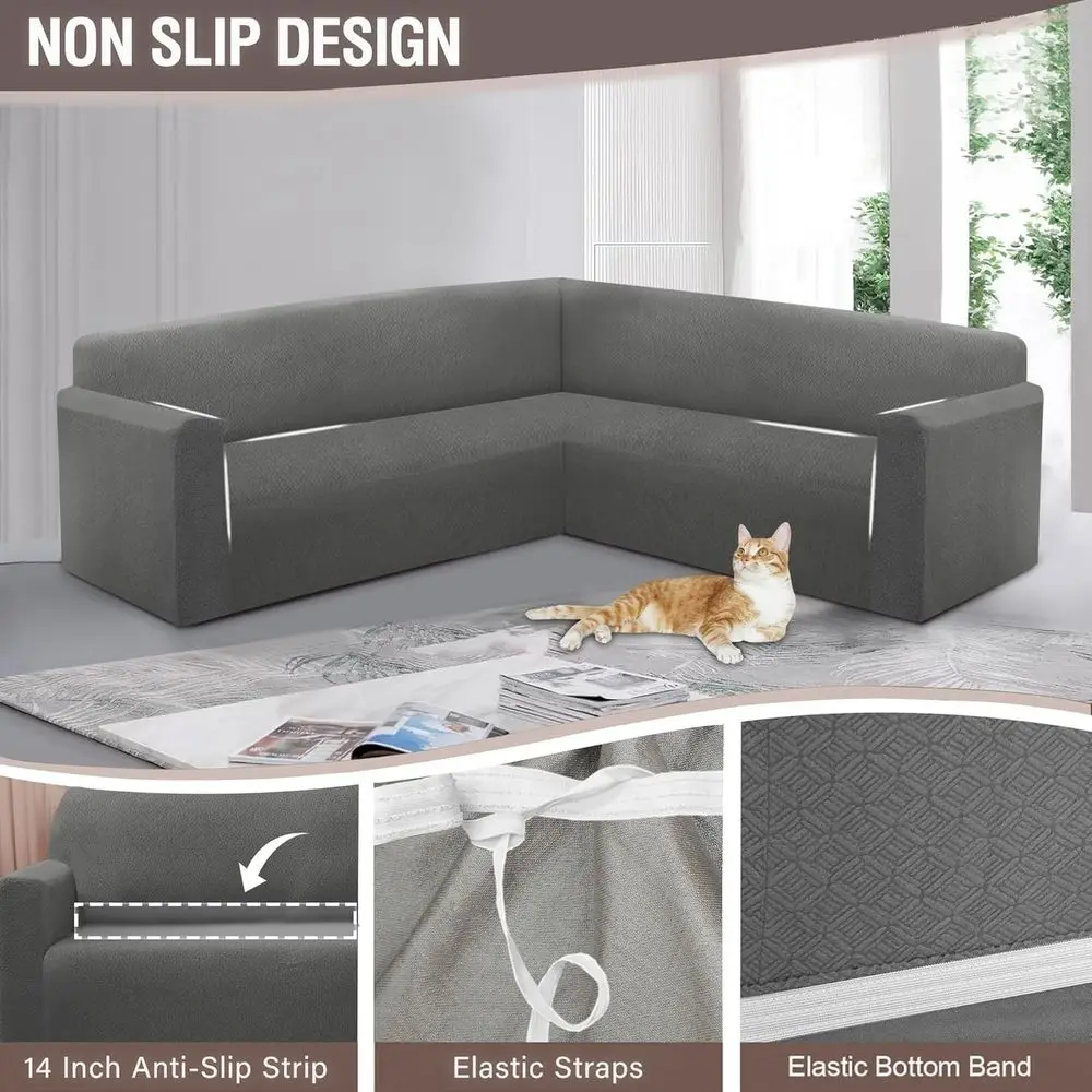 L字型ストレッチソファカバー、セクショナルソファ用、洗えるジャカード、滑り止め、ペット対応、ダークグレー、特大サイズ