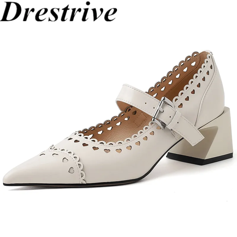 

Drestrive 2024 Spring Fashion Mary Janes Cow Leather Thick Mid Heels Pointed Toe Women's Pumps Buckle Handmade Top Quality