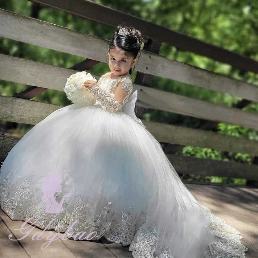 

Customized White Flower Girl Dress For Wedding Bowknot Lace Floor Length Elegant Kids Birthday Party First Communion Gown
