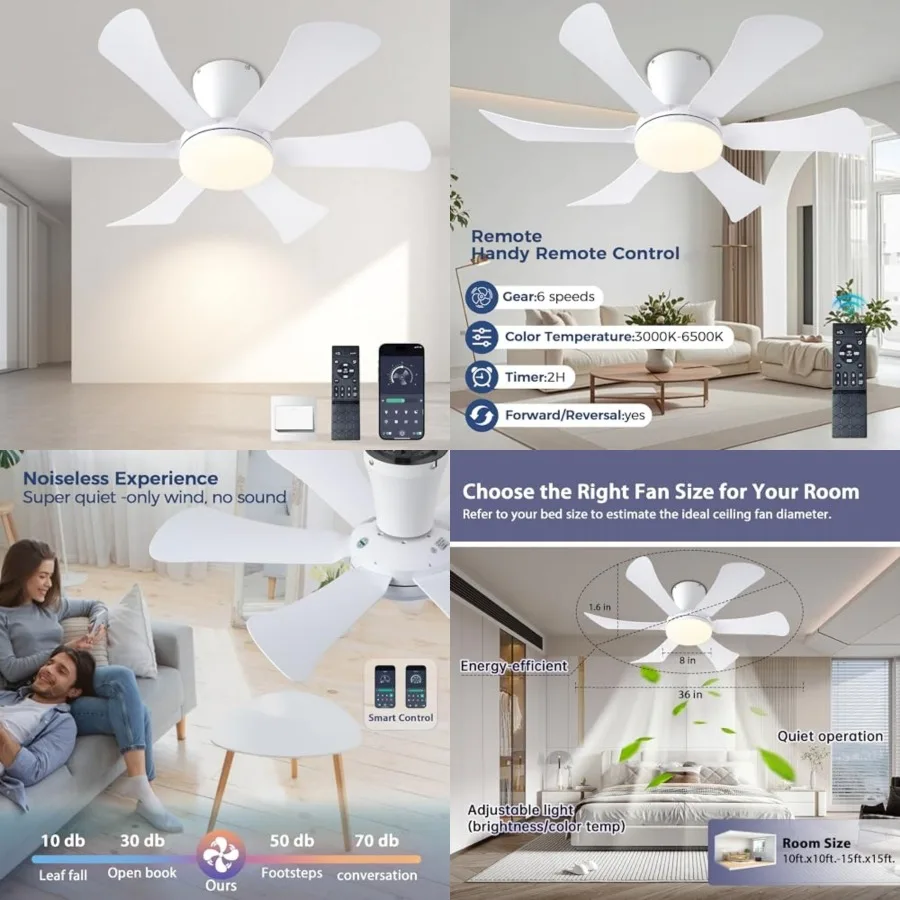 

Ceiling Fans with Lights, 36" Low Profile Ceiling Fan with Light and Remote Control, Flush Mount, Reversible, Dimmable, Noisele