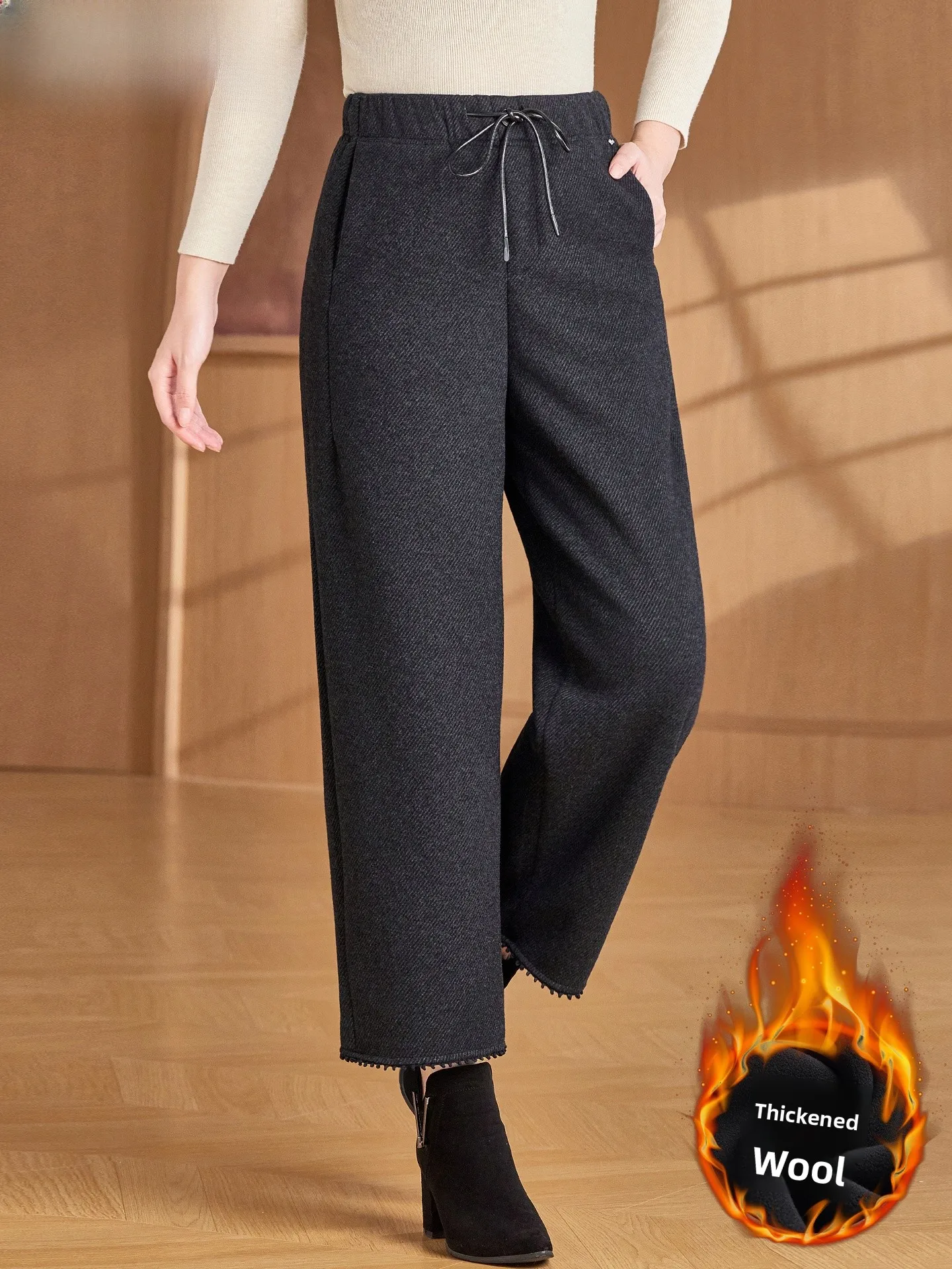 

Faionable Mommy Woolen Wide Leg Straight Cut Trousers Autumn Winter New Sle Mid-aged Women Casual All-match Pants
