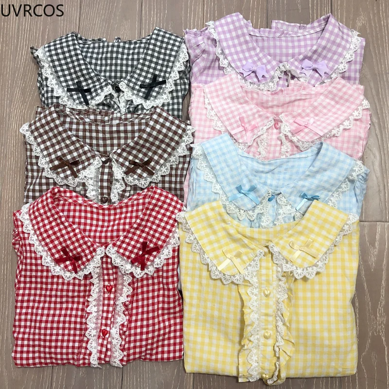 Women Preppy Style Sweet Lolita Blouses Cute Bow Lace Ruffles Plaid Shirt Gothic Girly Kawaii Long Sleeve Harajuku Blusas Mujer