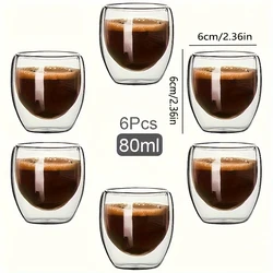 6pcs Glass Espresso Coffee Mugs 2.7OZ,Double Wall Insulated Cups Set Drinking Glasses For Tea,Coffee,Latte,Cafe,Milk,Clear
