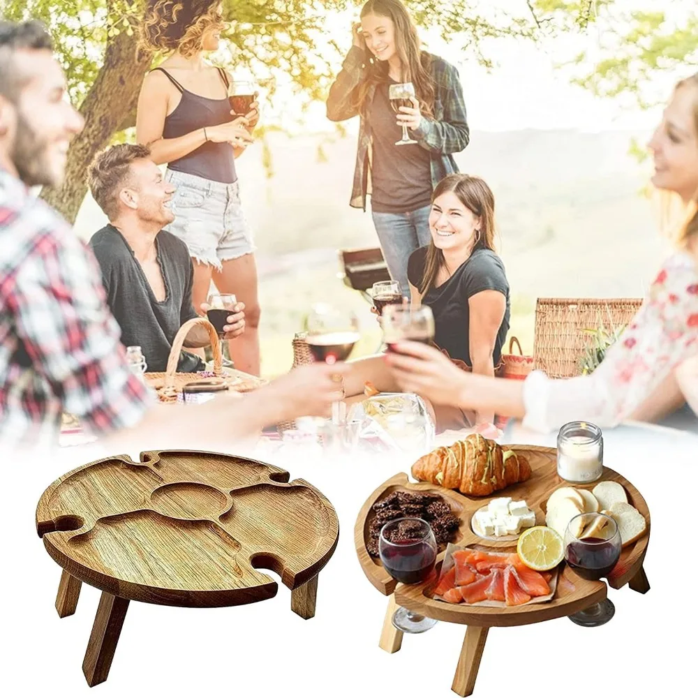 

Wooden Outdoor Folding Picnic Table Creative Collapsible Portable 2 in 1 Round Wine Glass Rack for Lawn Garden Outdoor Party