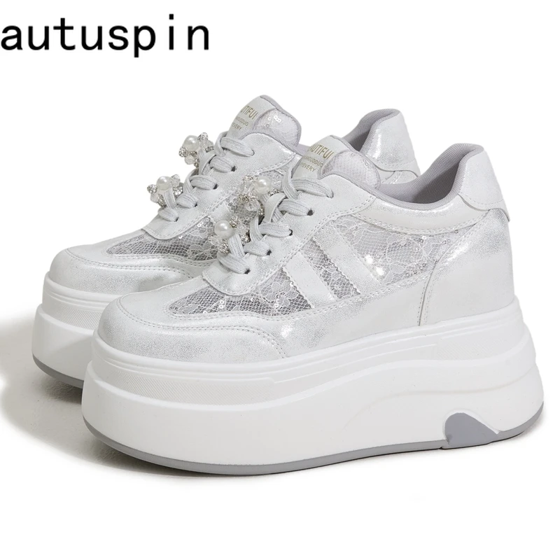

AUTUSPIN 7.5cm Women Lace Shoes Summer Breathable Microfiber Leather Splicing High Platform Skateboard Sneakers Oudoor Tide