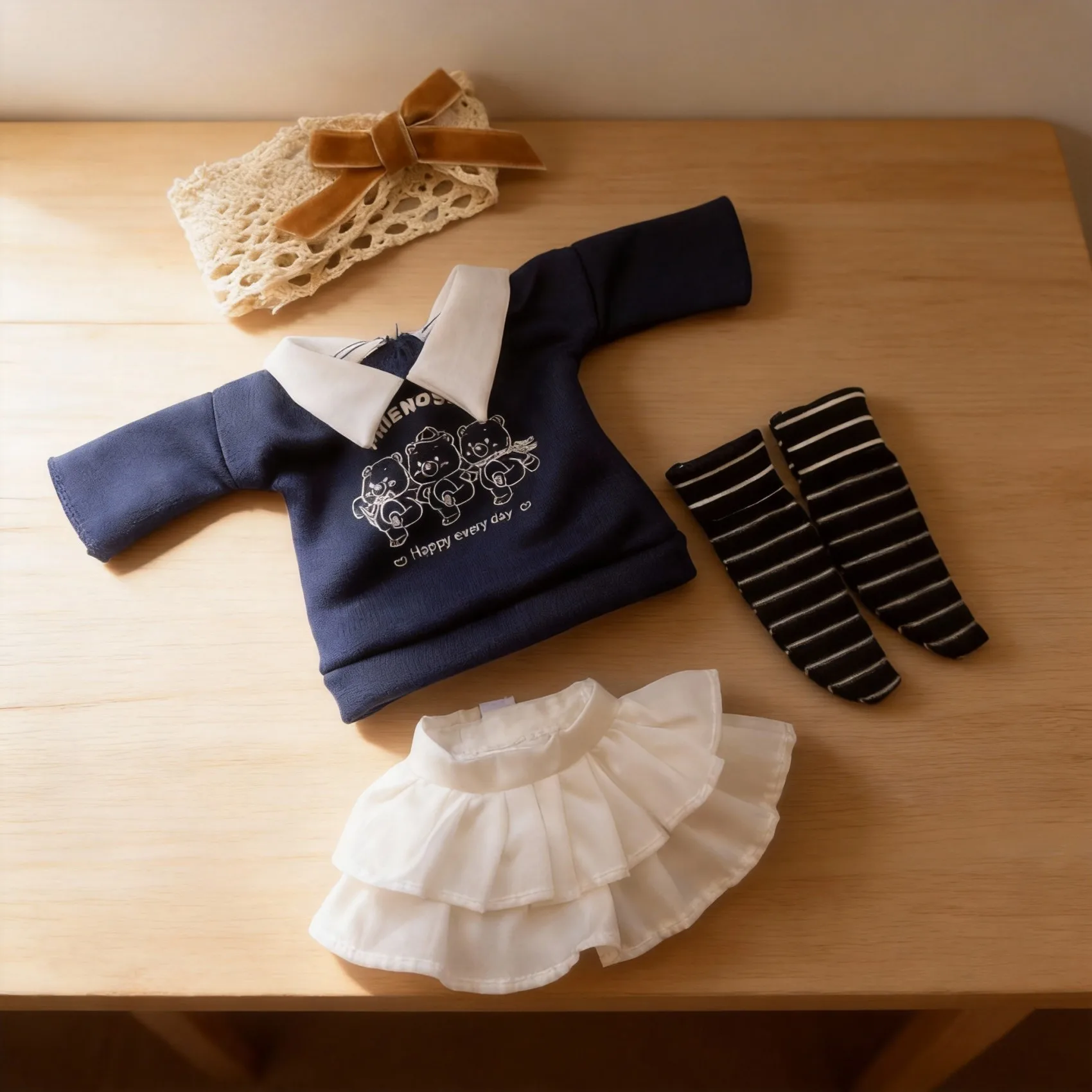 

1/6 BJD Clothes Set for 30cm Doll Navy Sweater Layered White Skirt Crochet Headband Complete Outfit Preppy Style Fashion