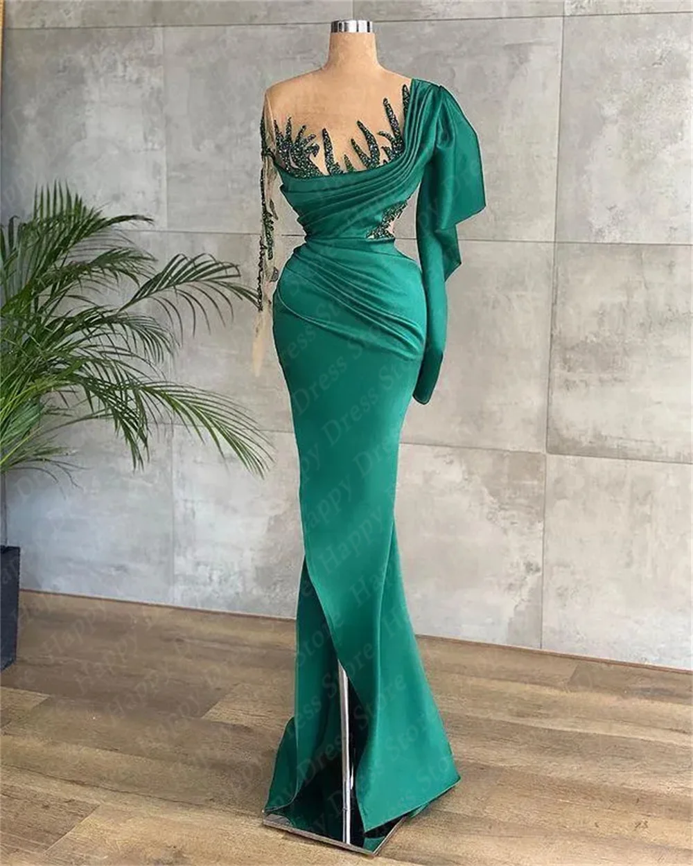 Illusion O-Neck Evening Dress Green Beads Sequins Long Sleeve Women Party Dress Custom Floor-Length Sheath Satin Robe de soirées