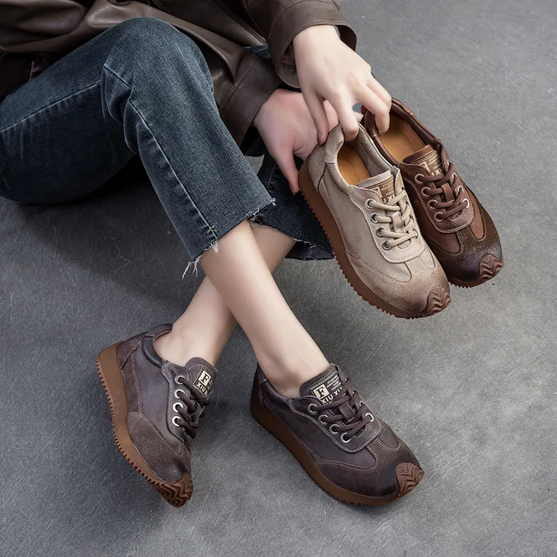 Koznoy 3cm Cow Suede Genuine Leather Spring Vulcanize Platform Autumn Flats Women Autumn Summer Loafer High Brand Lace Up Shoes