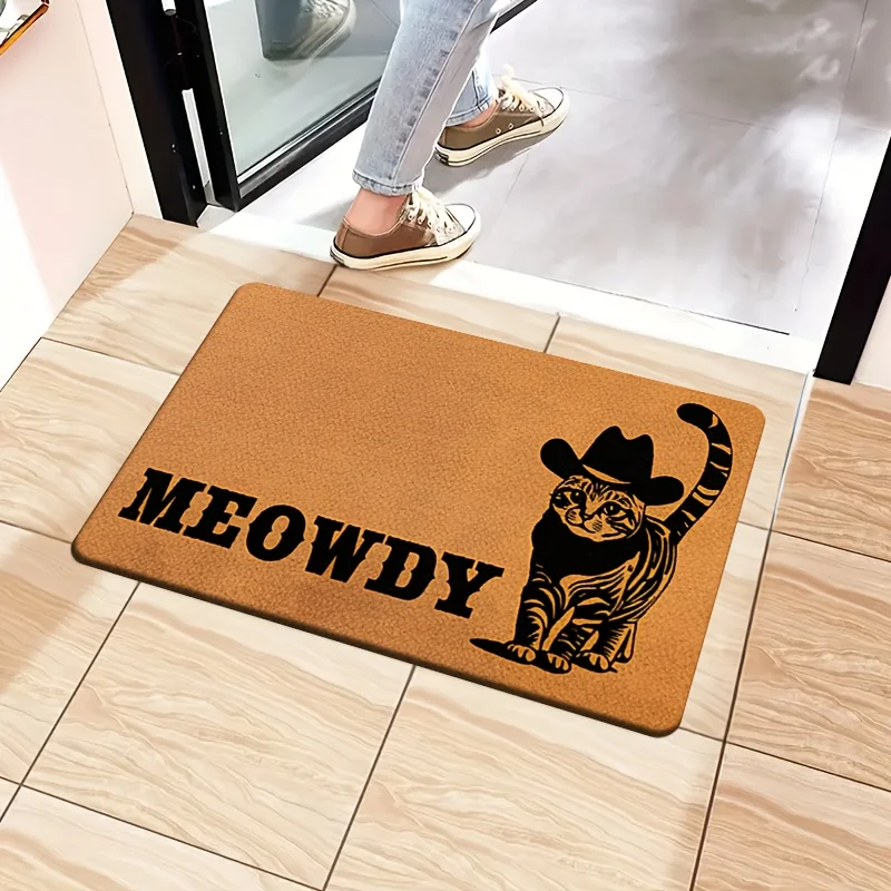 Rustic Cowboy Cat Floor Mat  Meowdy Lettering Striped Kitten with Hat Country Indoor Front Door Decor Doormat