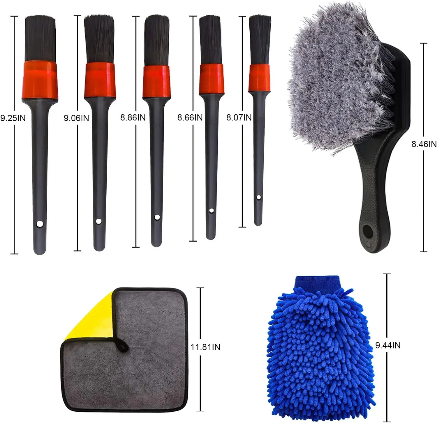 9 Pcs Wheel Tire Brush Set Car Detailing Kit 17inch Long Soft Bristle Wheel Brush Short Handle Tire Brush 5 Car Detail Brushes