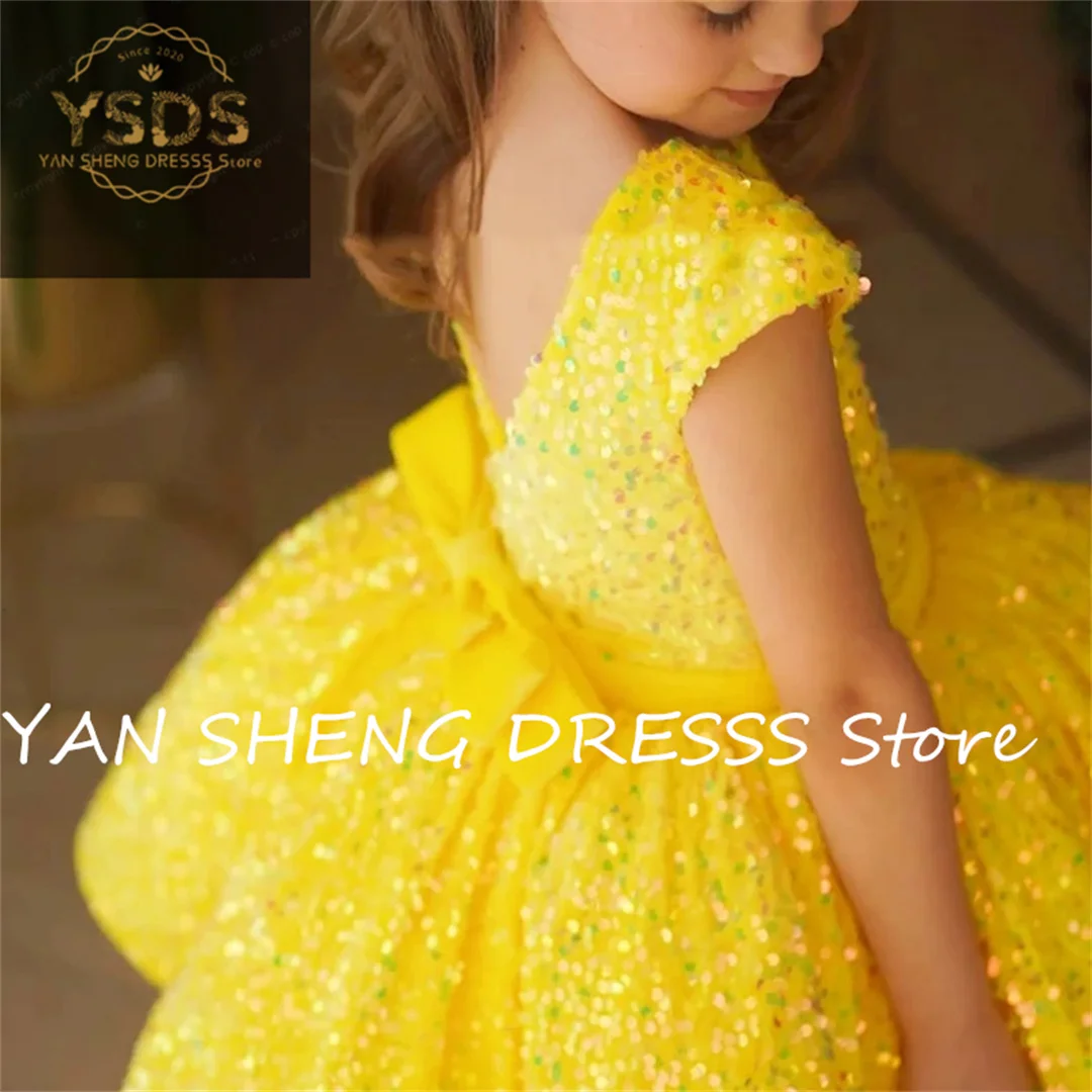 Yellow Short Child Flower Girl Dress Sequin Kids for Wedding Party First Communion Gown Cap Sleeve Ceremonial Dress Ball Gown