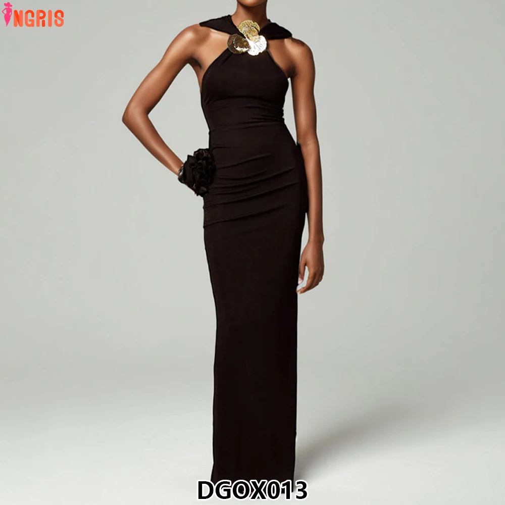 

New Unique Fashionable Metal Buckle Decorationhalter Neck Long Dresses Bodycon Party Dress for Women-DGOX013