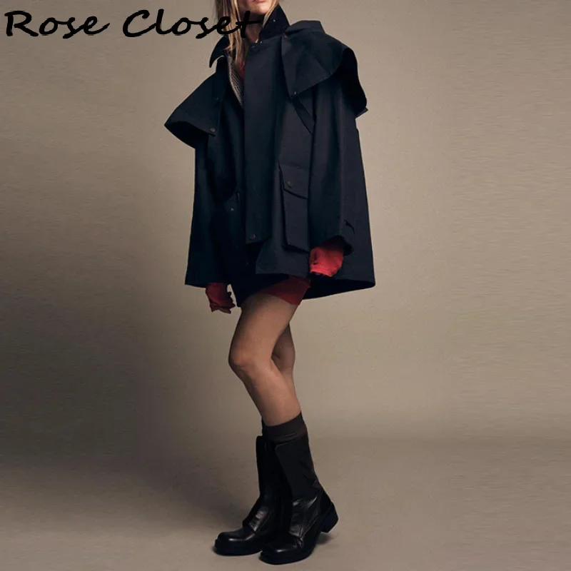 شيك الخريف المرأة معطف مقنع قابل للإزالة فضفاض سترات طويلة جيوب سستة أبلى 2025 جديد أنثى عادية مقاوم للماء الشارع الشهير #3